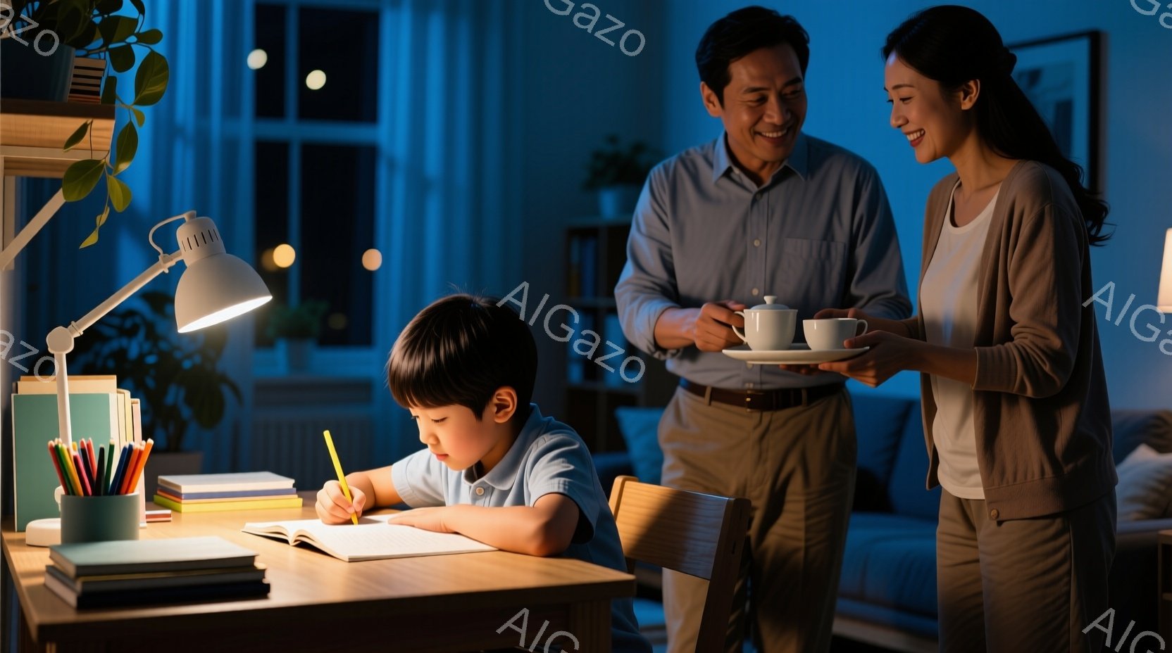 男の子は机で宿題をしており、集中した表情で黄色いクレヨンを使って何かを描いているようです。両親は笑顔で、母親は手に温かい飲み物（おそらくお茶）の入ったカップとソーサーを持っており、父親は優しく見守っています。背景には本棚や間接照明が見え、全体的に温かく、家庭的な雰囲気が漂っています。