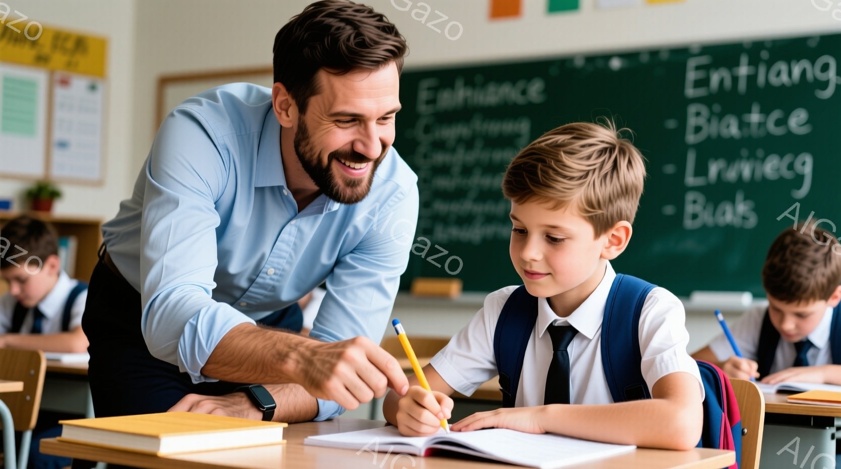 教室で、笑顔の男性教師が小学生の男の子に何かを指し示しています。男の子は青いブレザーにネクタイを締め、机に向かって集中して何かを書き込んでいるようです。背景には他の生徒たちが座っており、明るく活気のあ - AI生成フリー素材