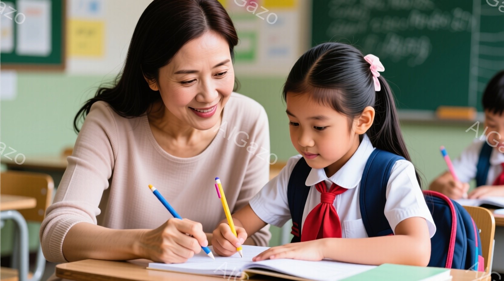 明るい教室で、女性教師が小学生の女の子に何かを教えている様子が描かれています。教師はベージュのセーターを着て微笑んでおり、女の子は制服を着て、真剣な表情で鉛筆を手に、ノートに書き込みをしています。教室の奥には他の生徒も座っており、学習に集中している穏やかな雰囲気が感じられます。