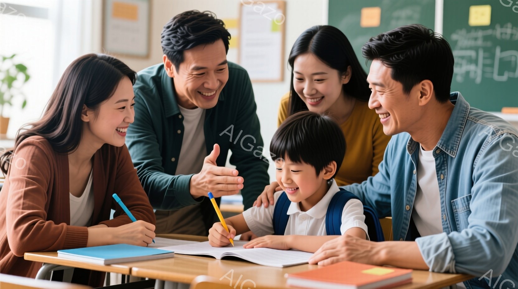 教室の机を囲んで、若い母親と父親が小学生の息子と一緒に勉強している様子が写っています。母親は茶色のカーディガンを着ており、父親はデニムシャツを着ています。息子は白いシャツを着ており、三人とも笑顔で、温かく幸せな雰囲気が漂っています。