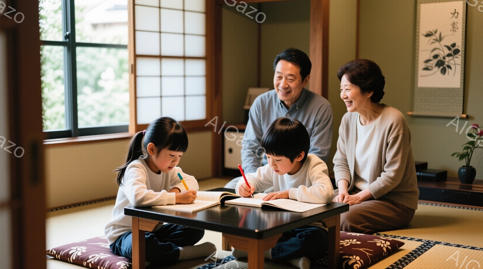 畳の上に座った若い女の子と男の子が、低いテーブルを挟んで何かを書いている様子が描かれています。女の子は白いセーターを着て髪を後ろで束ね、男の子は白いシャツとズボンを着用しています。背景には、和室の障子 - AI生成フリー素材