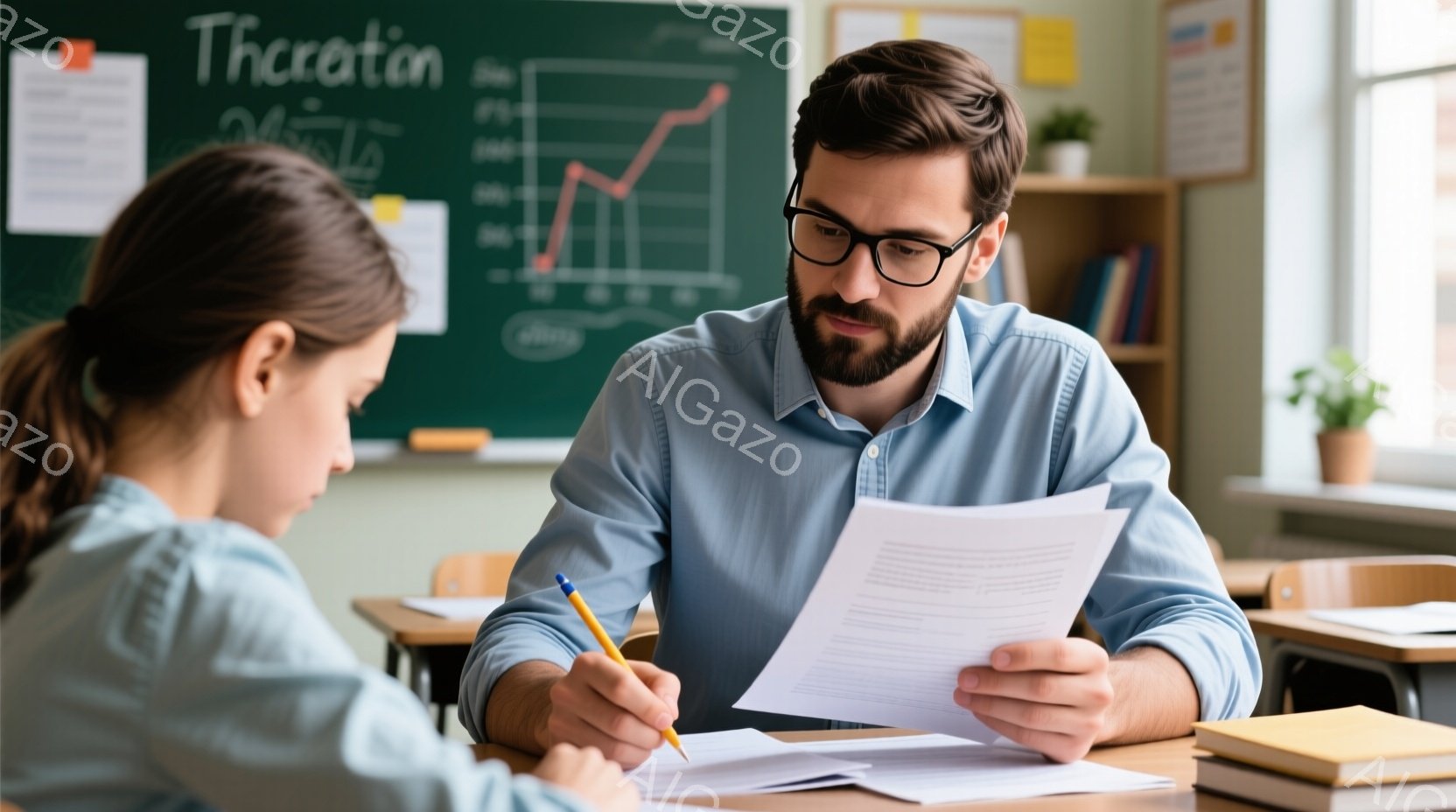 教室で、男性教師が女子生徒に向き合って座り、何かを説明している様子が描かれている。教師は青いシャツを着ており、メガネをかけ、口ひげを生やしている。女子生徒は茶色の髪で、机に寄りかかりながら筆記に集中しており、背景には黒板と教科書、机が並んでいる。