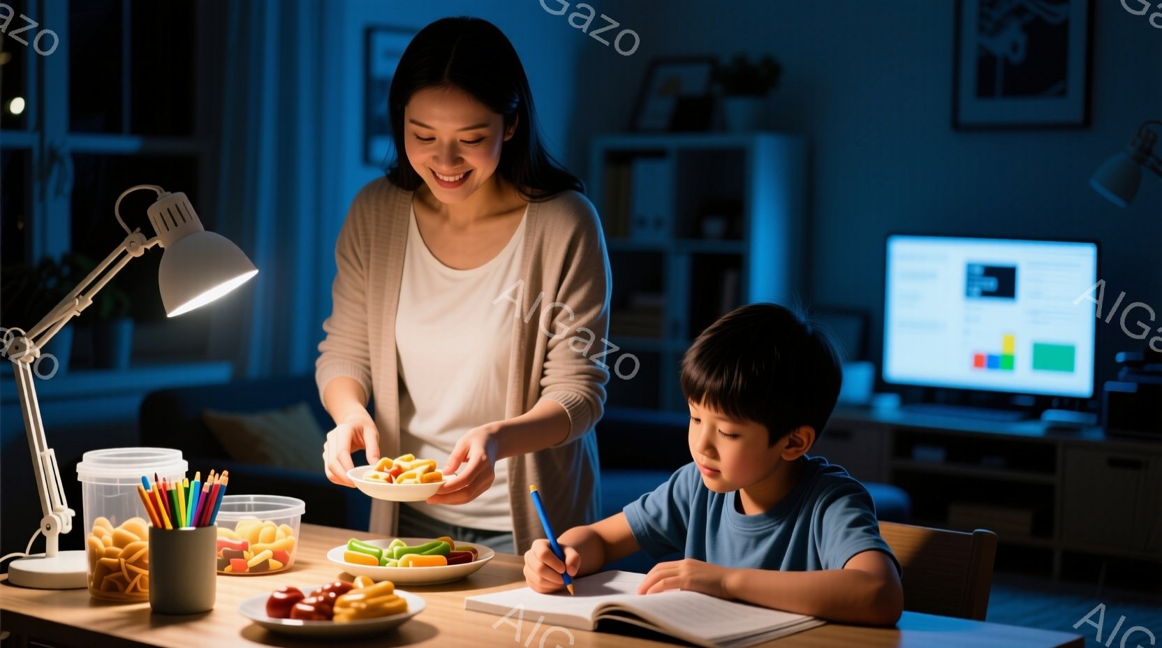 若い母親が、皿に盛られたスナック菓子を息子に差し出しています。息子はテーブルで宿題をしながら、母親の方を見て微笑んでいます。背景には本棚やパソコンがあり、室内は暖かく穏やかな雰囲気が漂っています。