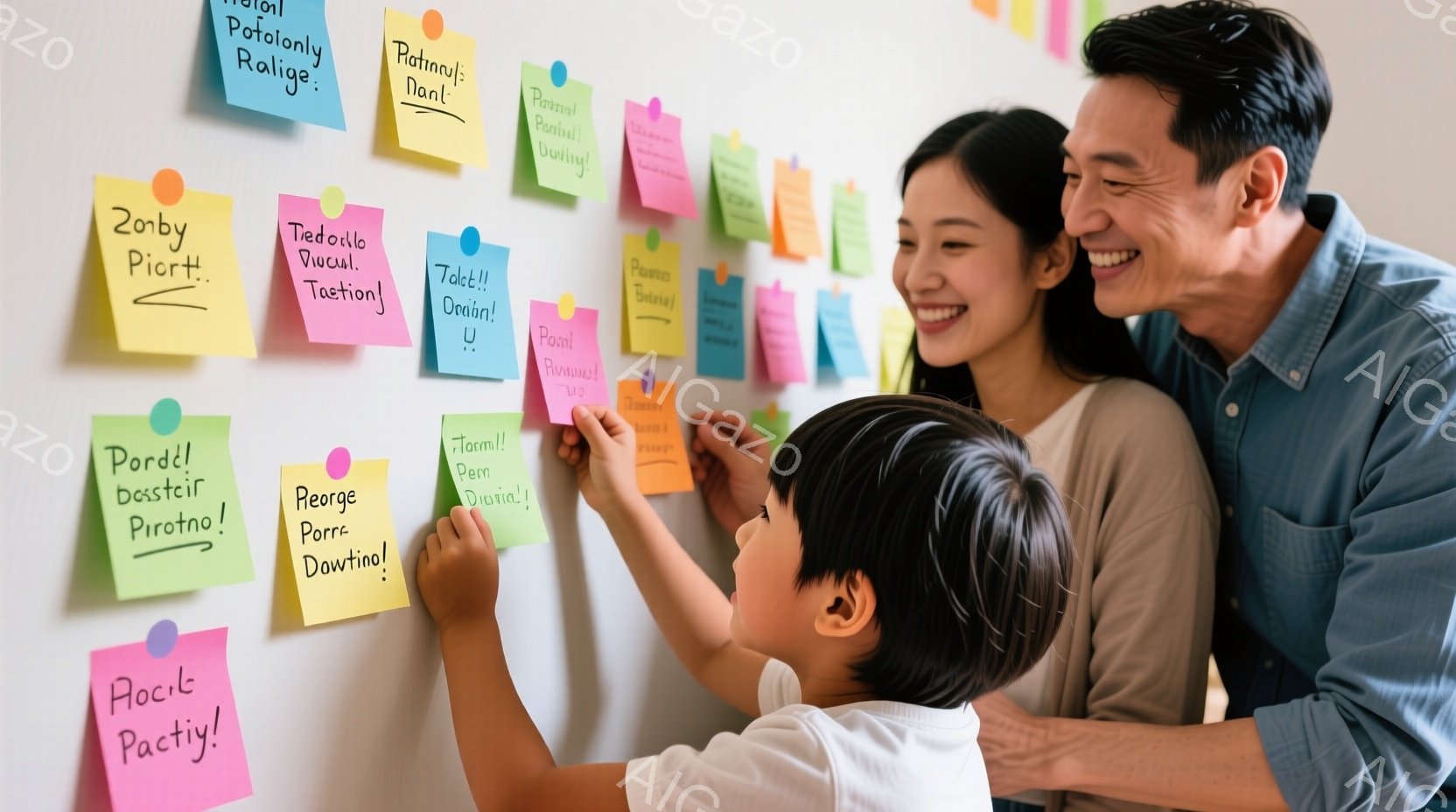 白い壁にカラフルな付箋がたくさん貼られた部屋で、大人と子供が一緒に付箋を見上げています。大人は青いシャツを着ており、笑顔で子供の方を見ています。子供は黒い髪で、前かがみになり、付箋をじっと見つめていま - AI生成フリー素材