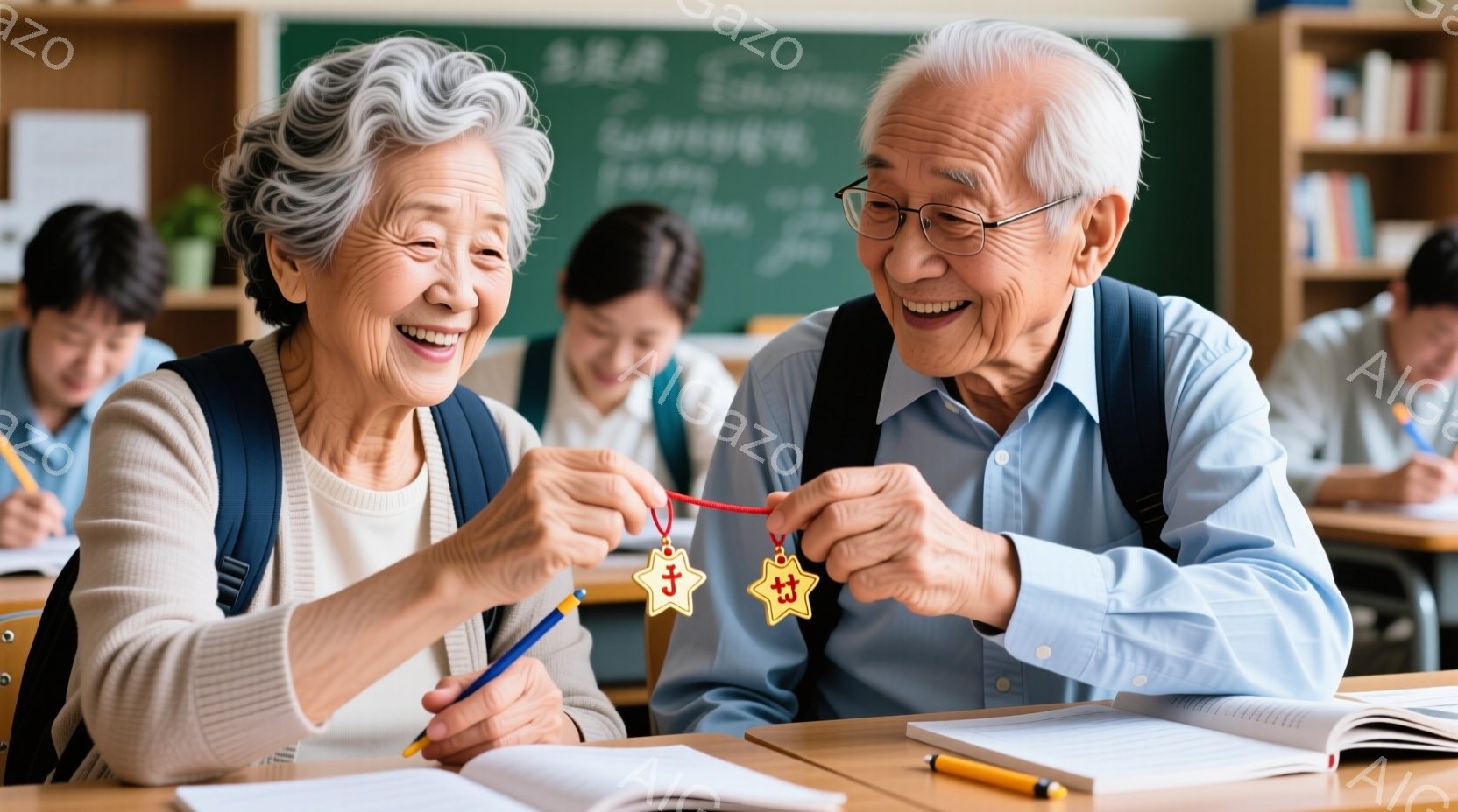 白髪の女性と男性が机に向かい合い、星形の飾りを手に持っています。女性はベージュのセーターを着て微笑み、男性は青いシャツにベスト姿で優しい表情を浮かべています。背景には他の生徒が座り、黒板には文字が書かれ、教室の温かい雰囲気が感じられます。