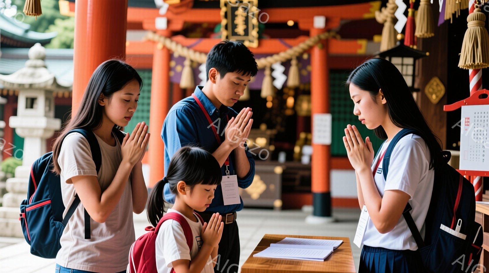 一家三人が、鮮やかな朱色の神社の前に立って祈っています。母親と娘は白いシャツにジーンズ、父親は白いシャツに濃い青色のズボンというカジュアルな服装で、それぞれ手を合わせて恭しく祈っています。背景には、伝統的な木造建築と、お守りや絵馬が飾られた神聖な雰囲気が広がっています。
