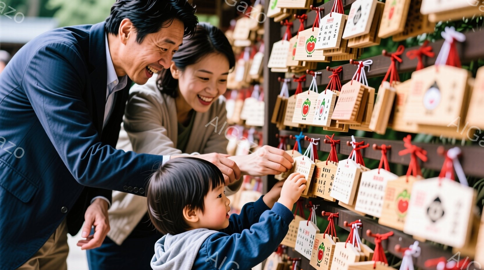 笑顔の男性、女性、そして幼い子供が、寺院または神社の絵馬の前に立っています。男性は濃い紺色のスーツを着ており、女性はベージュ色のシャツを着ています。子供はフード付きのセーターを着て、絵馬の一つに興味津々で指を伸ばしています。