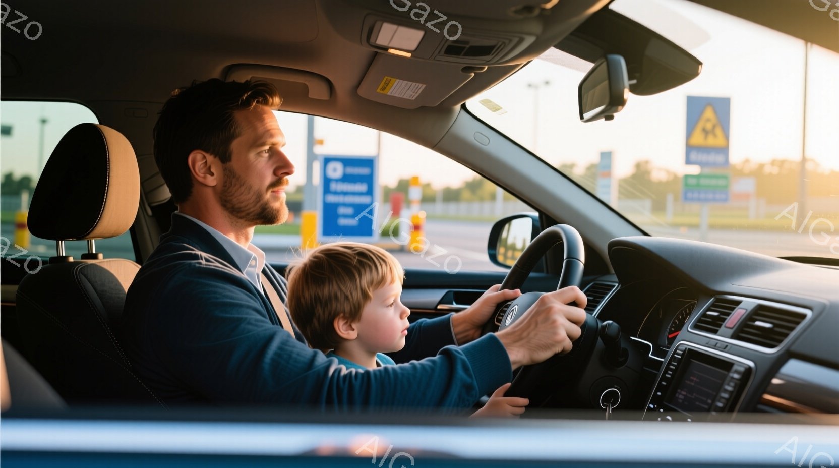 白髪混じりの髭を生やした男性が運転席でハンドルを握り、少し横を向いて何かを見ている。助手席には幼い少年が座り、同じ方向を見ている。車内は落ち着いた色合いで、窓の外には夕焼け空と道路標識が見え、穏やかで温かい雰囲気が漂っている。
