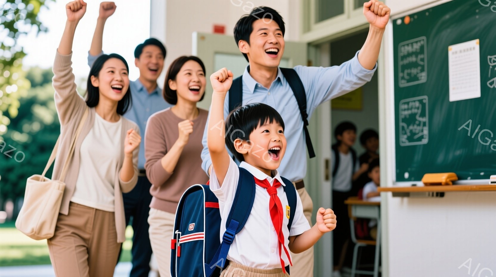 幼い男の子がリュックサックを背負い、両手を上げて歓喜しています。彼を取り囲むように、母親、父親、そしてもう一人の女性が同じように手を上げて笑顔を見せており、皆が喜びの感情を共有しています。背景には学校の廊下や教室、そして自然の光が見え、晴れた日の学校行事のような雰囲気が漂っています。