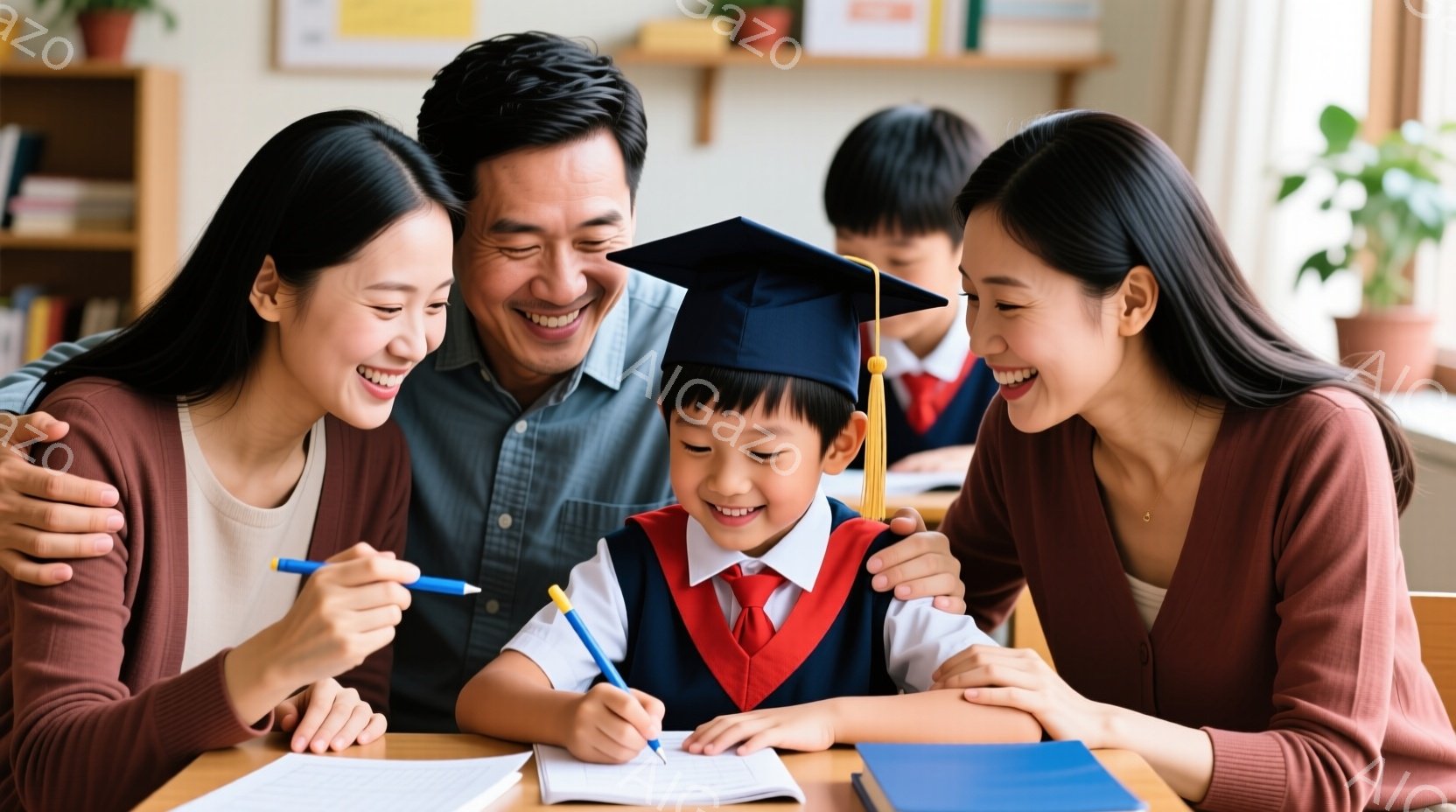 卒業帽子をかぶった少年が、小学校の制服を着て、机に向かって何かを書いている様子が描かれています。両親が少年の肩に手を置き、優しく見守り、背景にはもう一人の子供が立っています。明るい室内には木製の家具が配置され、温かく穏やかな家族の雰囲気が伝わってきます。