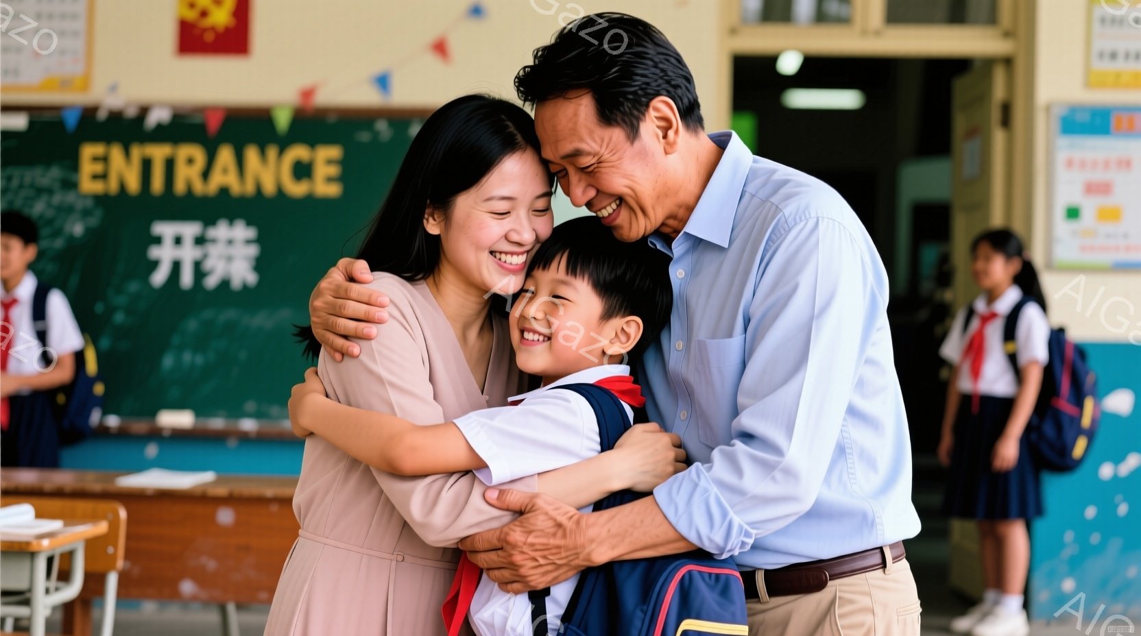 幼い男の子が両親に抱きしめられている温かい光景である。母親はベージュ色の服を着ており、父親は青いシャツを着ている。背景には学校の廊下が見え、他の生徒もわずかに確認でき、全体的に明るく、愛情に満ちた家庭 - AI生成フリー素材