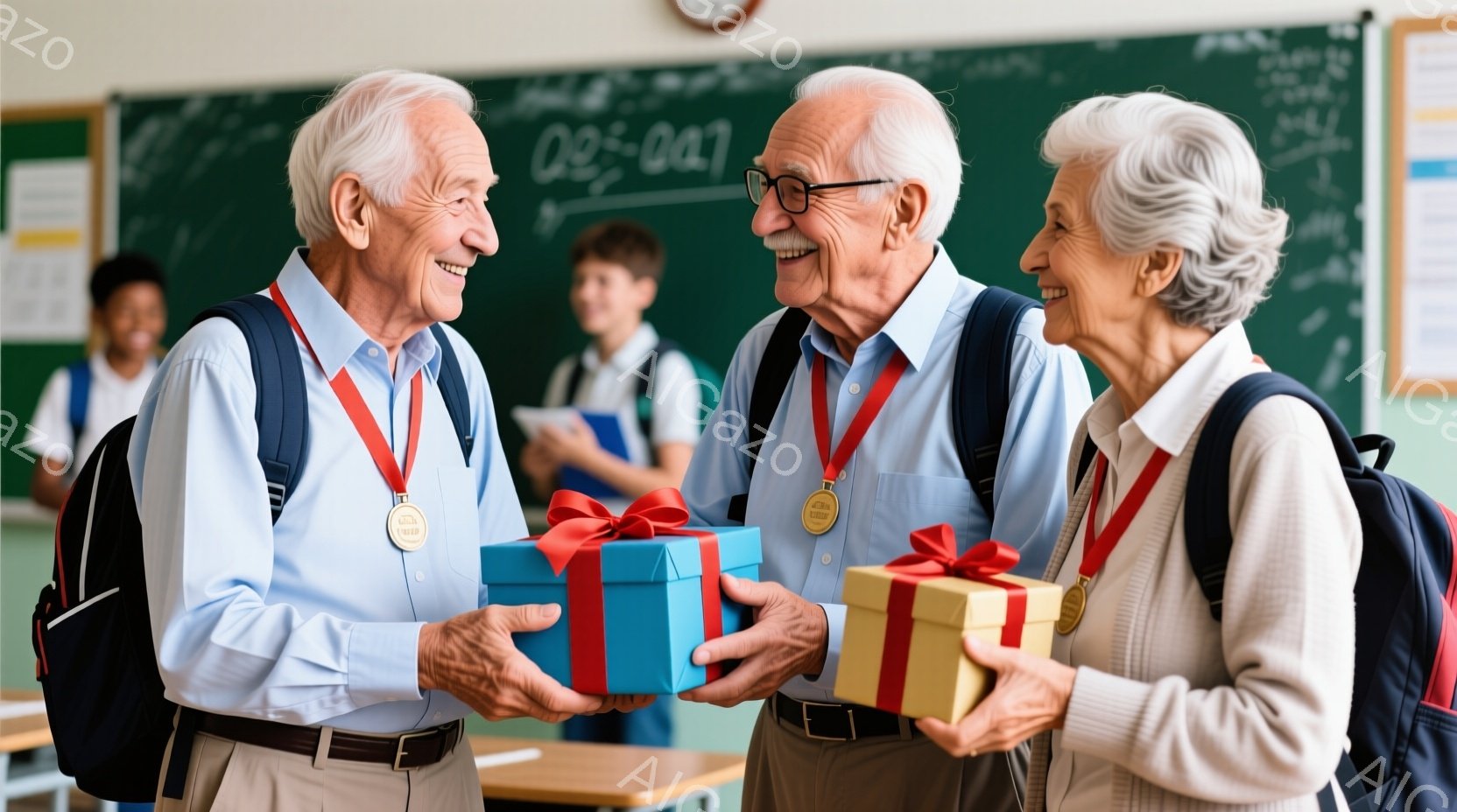 教室で、高齢の男性と女性が互いにプレゼントを交換しています。男性は青いラッピングペーパーで包まれたプレゼントを女性に差し出し、女性は赤いラッピングペーパーで包まれたプレゼントを男性に差し出しています。二人は笑顔で、お祝いの雰囲気が漂っています。
