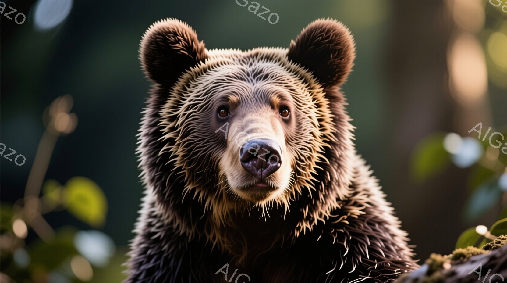 巨大な茶色のクマが、緑の背景の中で正面を向いて写っている。その毛並みは細かく、濡れているように見える。クマは少し厳しい表情で、何かを見つめているかのように見える。