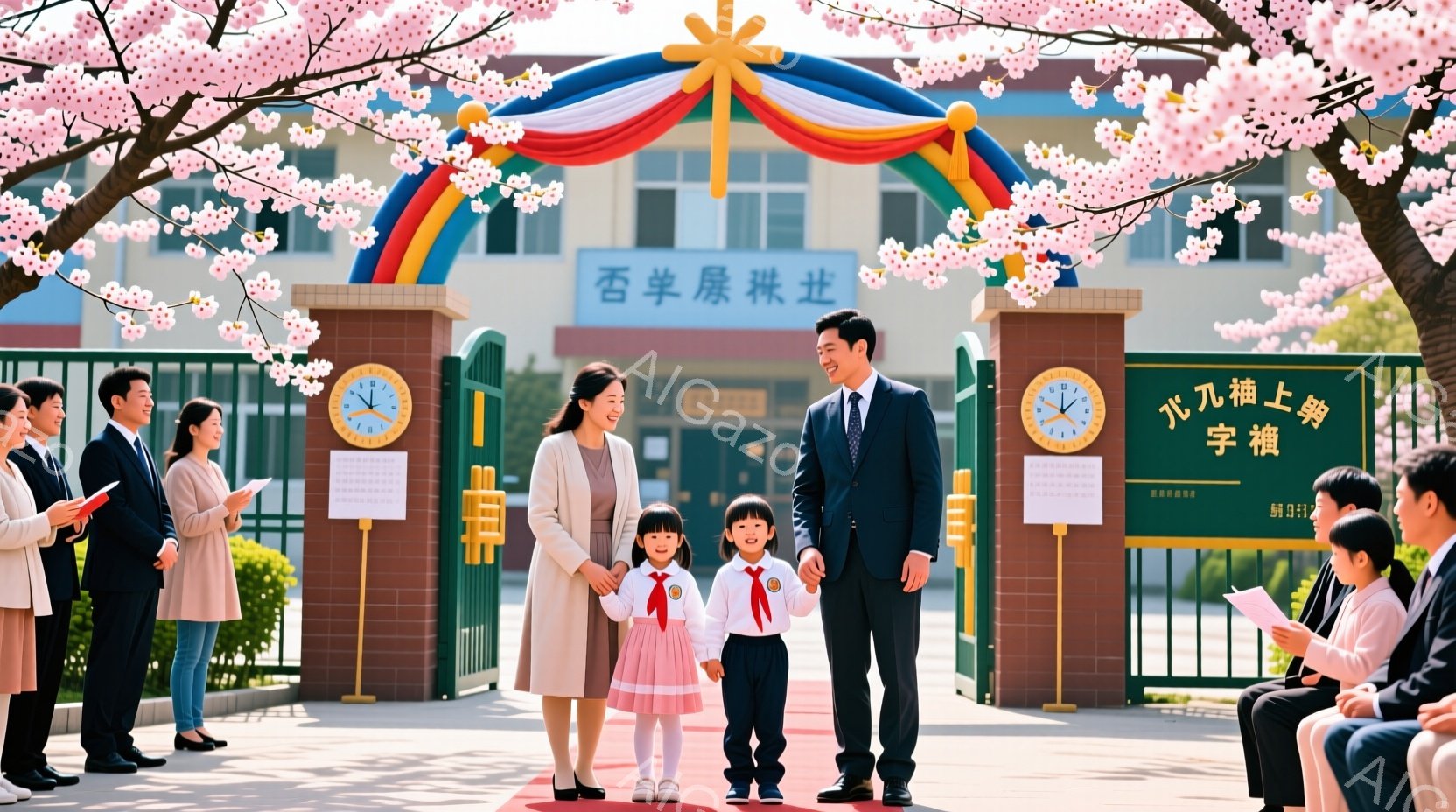 桜並木の下で、小学校の入学式が行われています。母親はベージュ色のジャケットとワンピース、父親は黒いスーツ姿で、それぞれ子供たちを両脇に立っています。子供たちは制服を着ており、母親は髪を後ろにまとめ、父親は短髪で、皆笑顔で式典に参加している様子が伝わってきます。