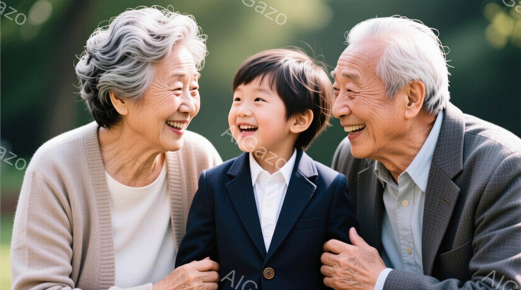 白髪の祖母と祖父が、紺色のスーツを着た幼い孫の男の子を挟んで笑顔で寄り添っています。祖母はベージュのカーディガン、祖父は薄緑色のシャツを着ており、皆、幸せそうな表情をしています。背景は緑豊かな自然で、 - AI生成フリー素材