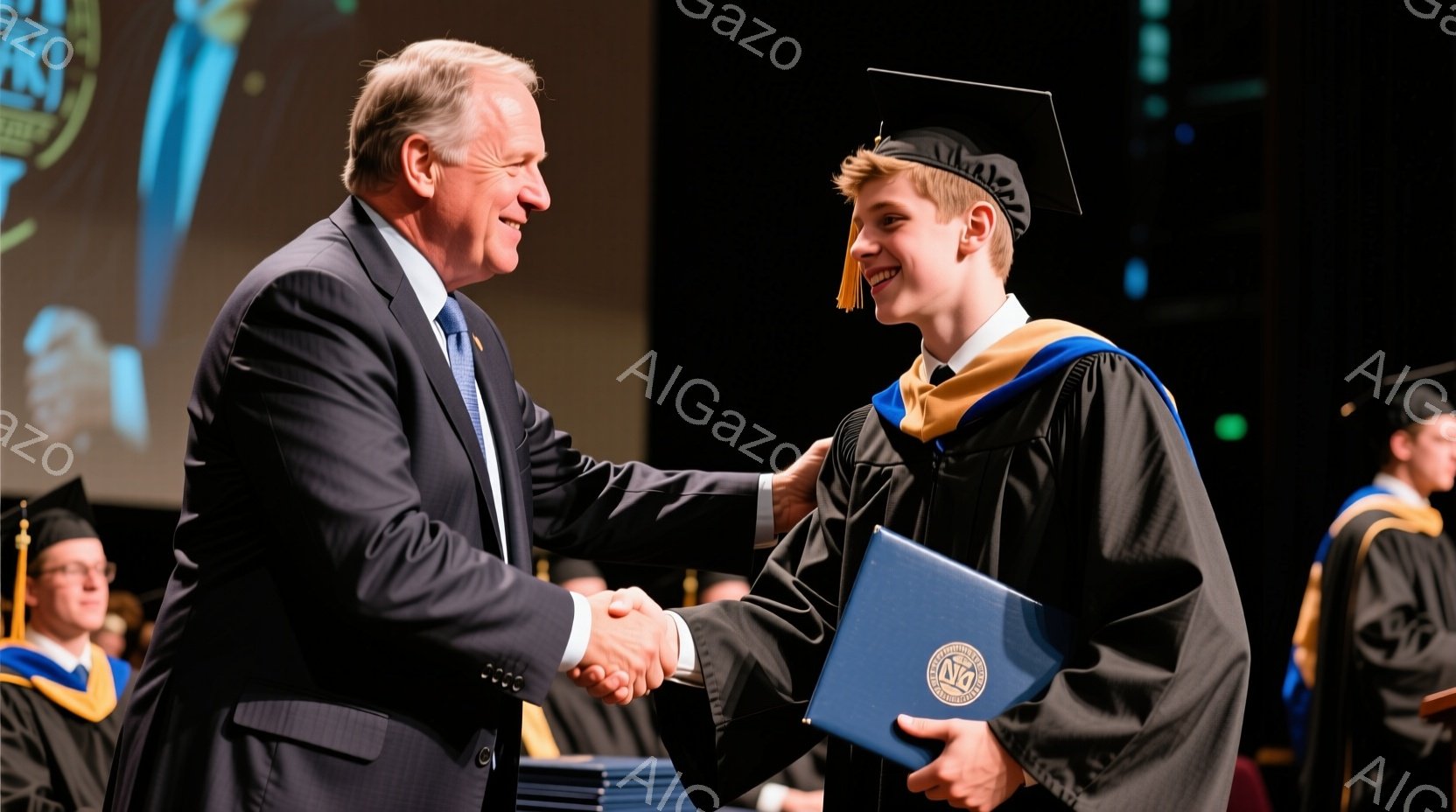 卒業式と思われる会場で、男性が男性に握手をしています。卒業生は黒いガウンと帽子を着用し、満面の笑みを浮かべて卒業証書を受け取っています。背景には他の卒業生たちがガウンを着て立っており、会場全体が厳かで喜びの雰囲気に包まれています。