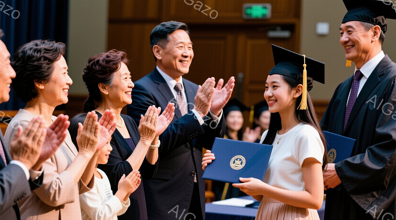 卒業式と思われる室内で、袴を着用した若い女性が、男性から卒業証書を受け取っています。周りには、彼女を祝福するように手を叩いている人々がおり、皆笑顔で喜びの雰囲気に包まれています。背景には他の卒業生や観客が見え、式典の賑やかさを感じさせます。
