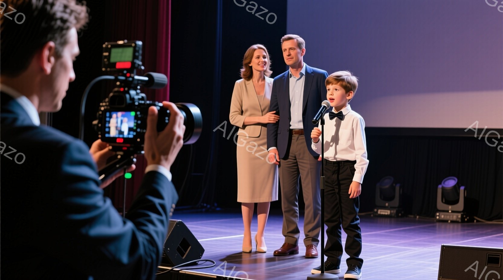 ステージ上で少年がマイクを手に何かを語っています。彼は黒いパンツと白いシャツ、そして蝶ネクタイを着用し、両親と思われる男女が彼を背景に立っています。背景にはスピーカーや機材が配置され、ステージは薄い紫色の光で照らされています。