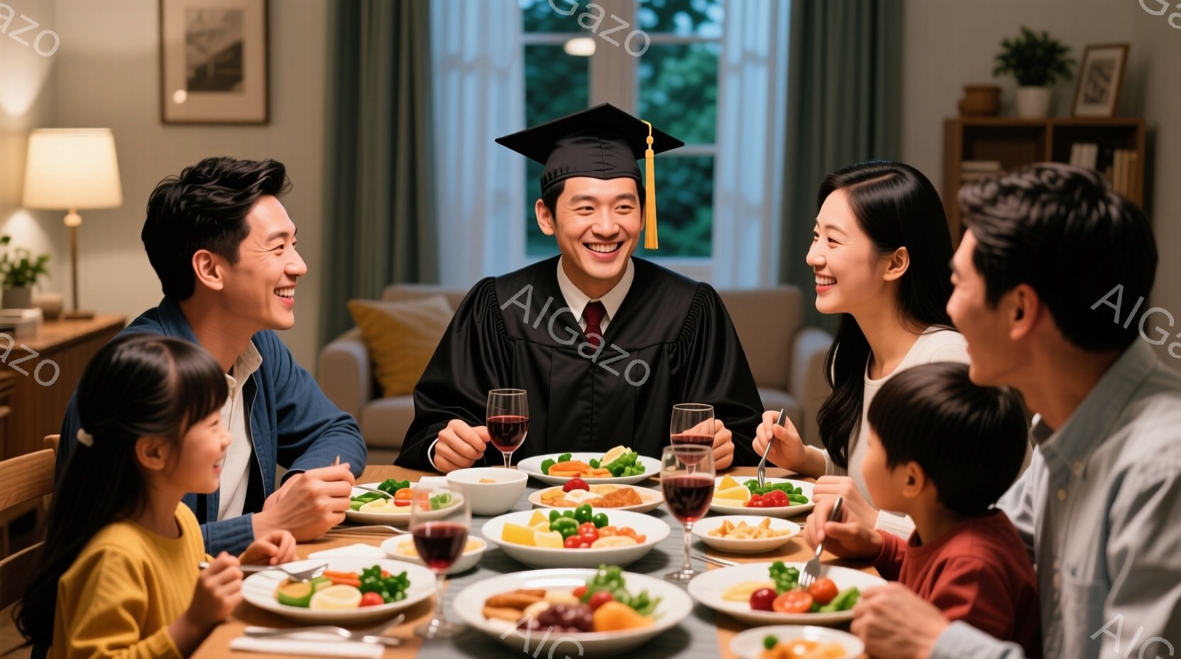 家族が食卓を囲んでおり、中央に卒業服を着た若い男性が座っている。全員が笑顔で、食事が楽しそうに盛り上がっている様子が伝わる。背景にはリビングルームが見え、温かい光と居心地の良い雰囲気が漂っている。