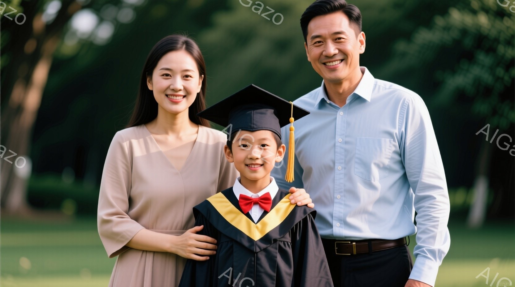 少年は黒い卒業服と赤い蝶ネクタイを身に着け、卒業帽子をかぶって満面の笑みを浮かべています。両親は少年の肩に手を置き、優しく微笑んでいます。背景には緑豊かな木々と芝生があり、晴れた日の穏やかな雰囲気が漂 - AI生成フリー素材