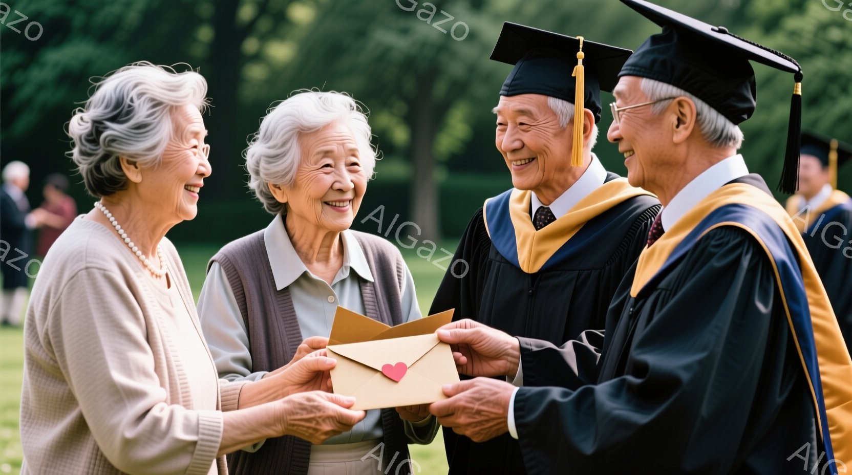 卒業式と思われる屋外で、高齢の女性二人が、卒業証書のような封筒を受け取る男性を見守っています。男性は黒い学士服と帽子を着用し、満面の笑みを浮かべており、女性たちはそれぞれ上品な服装で、穏やかな笑顔を向けています。背景には緑豊かな木々が見え、晴天の下、温かく感動的な雰囲気が漂っています。