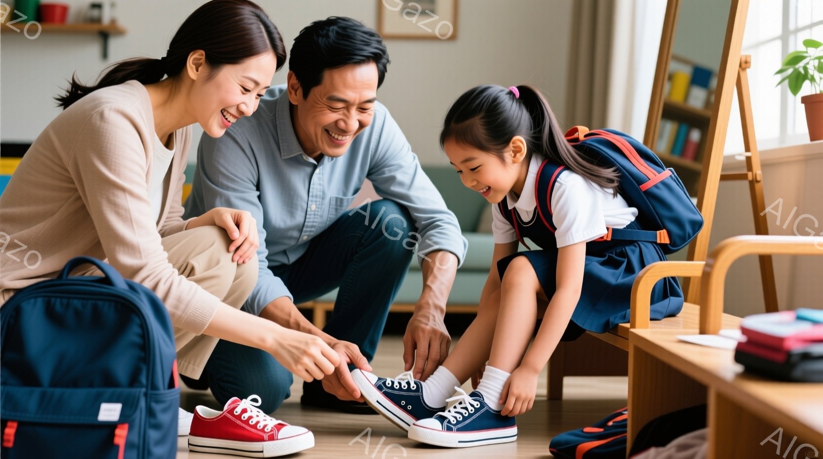 明るい室内で、母親が娘の靴紐を結んであげています。母親は茶色の髪で、カジュアルな服装をしています。娘は紺色のスカートと白いシャツを着ており、笑顔で母親を見上げています。