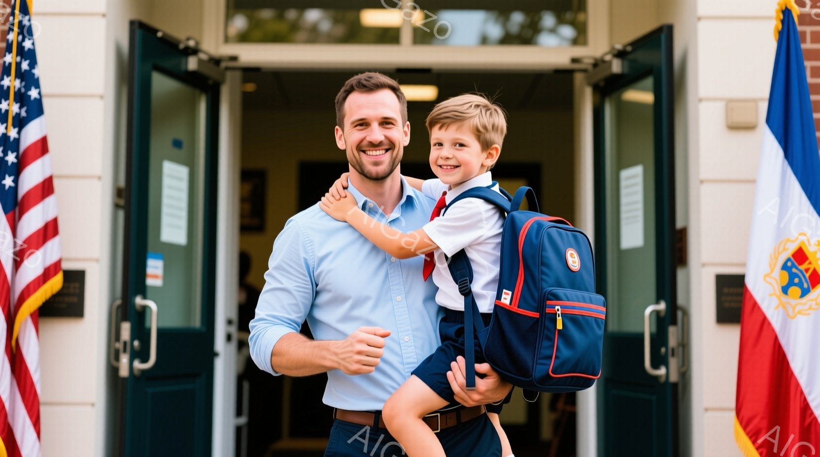 笑顔の男性が幼い男の子を抱きかかえています。男性は青いシャツに茶色のベルトを着用し、男の子は学校の制服のような青いポロシャツに赤いネクタイ、紺色のバックパックを背負っています。背景には石造りの建物とアメリカ国旗が見え、晴れた日の学校のような場所で、温かく幸せな雰囲気が漂っています。
