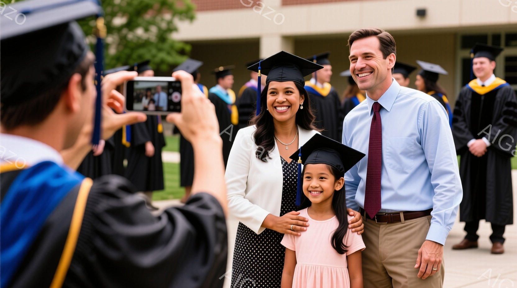 卒業式と思われる屋外で、女性と幼い娘が笑顔で写真撮影をしている。女性はドット柄の黒いワンピースに卒業帽子を被り、娘は薄いピンク色のドレスに同じく卒業帽子を被っている。背景には他の卒業生や建物が見え、晴天で明るい雰囲気である。