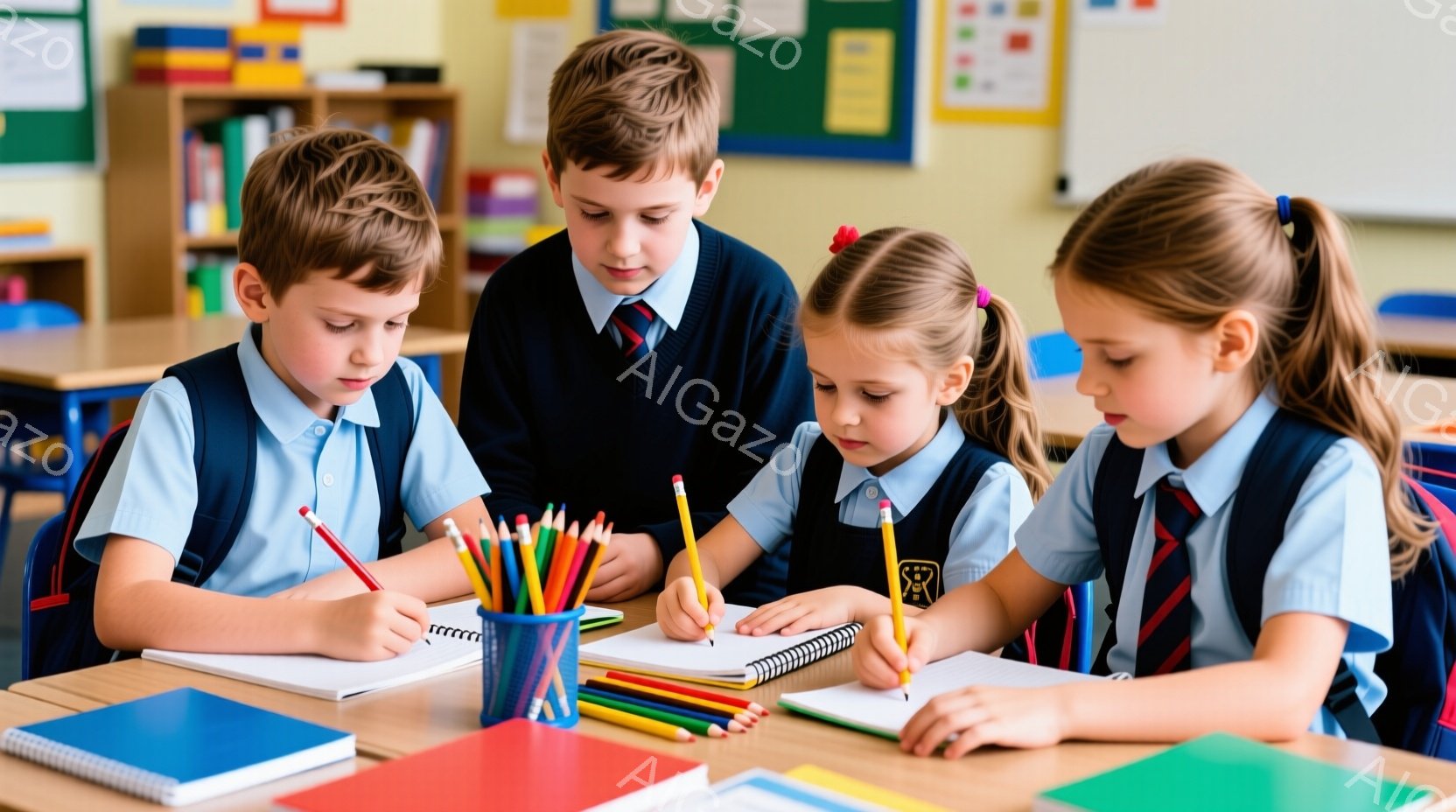 4人の子供たちが教室で座って描画活動に取り組んでいます。彼らは皆、青いシャツ、ネクタイ、セーターまたはベストを着ており、集中して紙に色を塗っています。背景には本棚やポスターが見え、明るく学習に集中した雰囲気です。