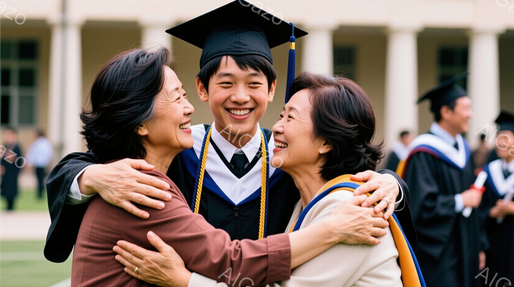 卒業帽子と学士のガウンを身につけた若い男性が、両脇から母親らしき女性に抱きしめられています。母親たちは笑顔で、男性も満面の笑みを浮かべており、喜びと感動に満ちた様子が伝わってきます。背景には緑豊かな芝生と、柱が並ぶクラシカルな建物が見え、晴れた日の卒業式を祝う温かい雰囲気が漂っています。