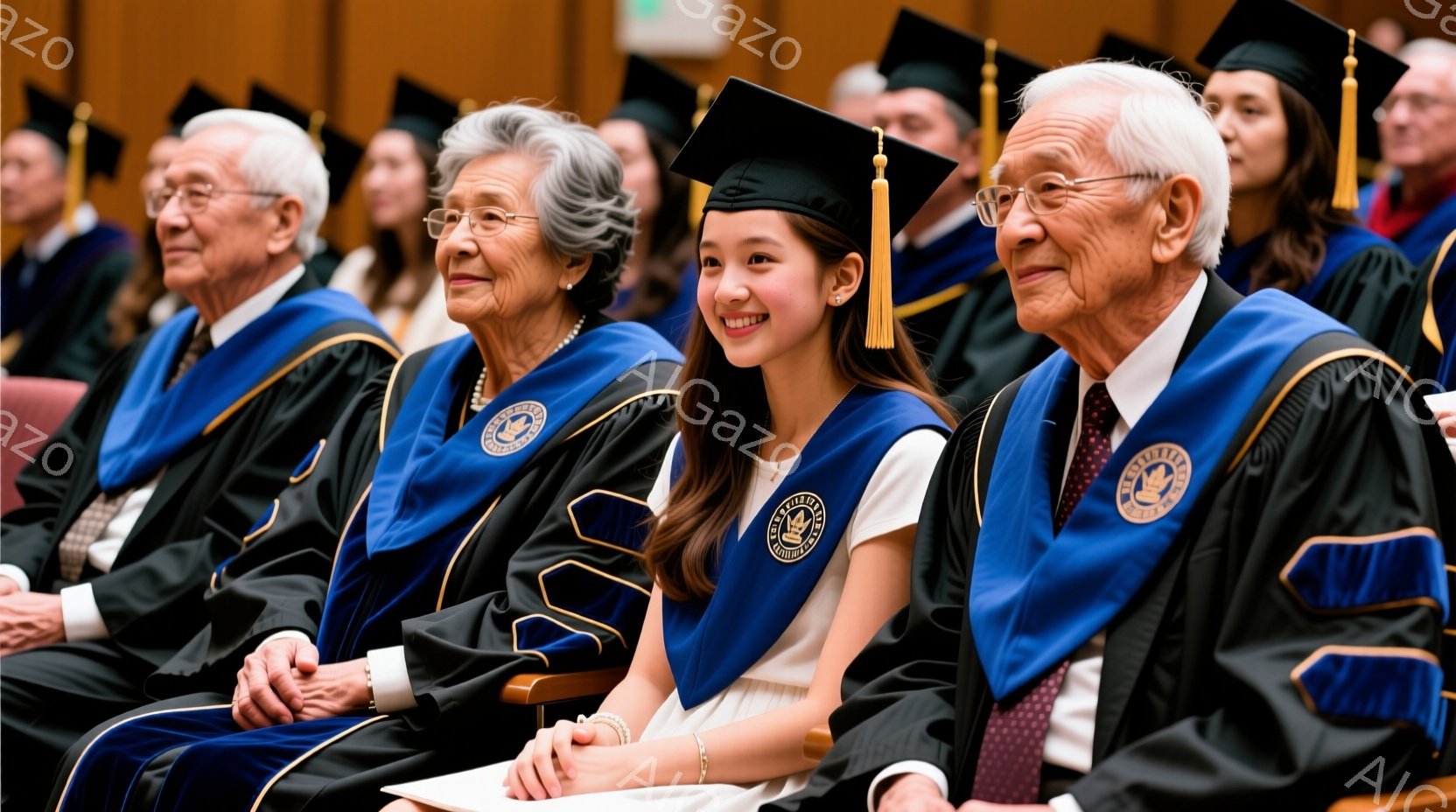 紺色の学士服と帽子を身につけた人々が整列して座っており、中央には笑顔の若い女性がいます。彼女は白いドレスを着ており、顔には明るい表情が浮かんでいます。背景はぼやけていますが、講堂のような室内であること - AI生成フリー素材