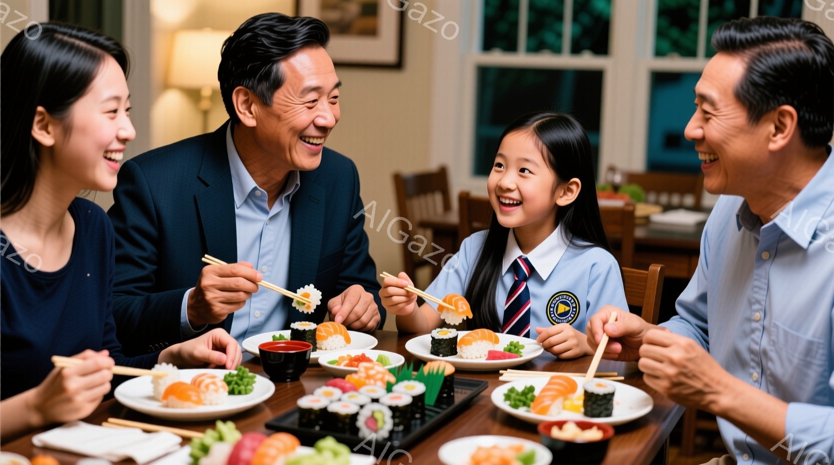 テーブルを囲んで寿司を楽しんでいる家族の様子が写っています。母親は黒髪で笑顔を浮かべ、ピンクのシャツを着ています。父親と娘はそれぞれ青いシャツを着ており、皆が楽しそうに寿司を手に取っています。 - AI生成フリー素材