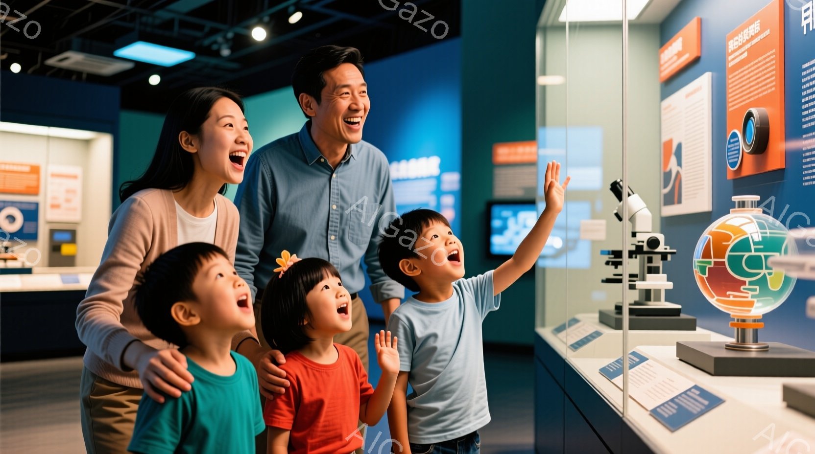 博物館のような場所で、母親、父親、そして3人の子供たちが、展示されている球体の模型に注目している様子が写っている。母親はロングヘアでベージュのジャケット、父親は青いシャツを着ており、子供たちはそれぞれカラフルなTシャツを着て興奮した表情を浮かべている。背景には展示ケースや説明書きがあり、全体的に明るく学習意欲を刺激する雰囲気である。