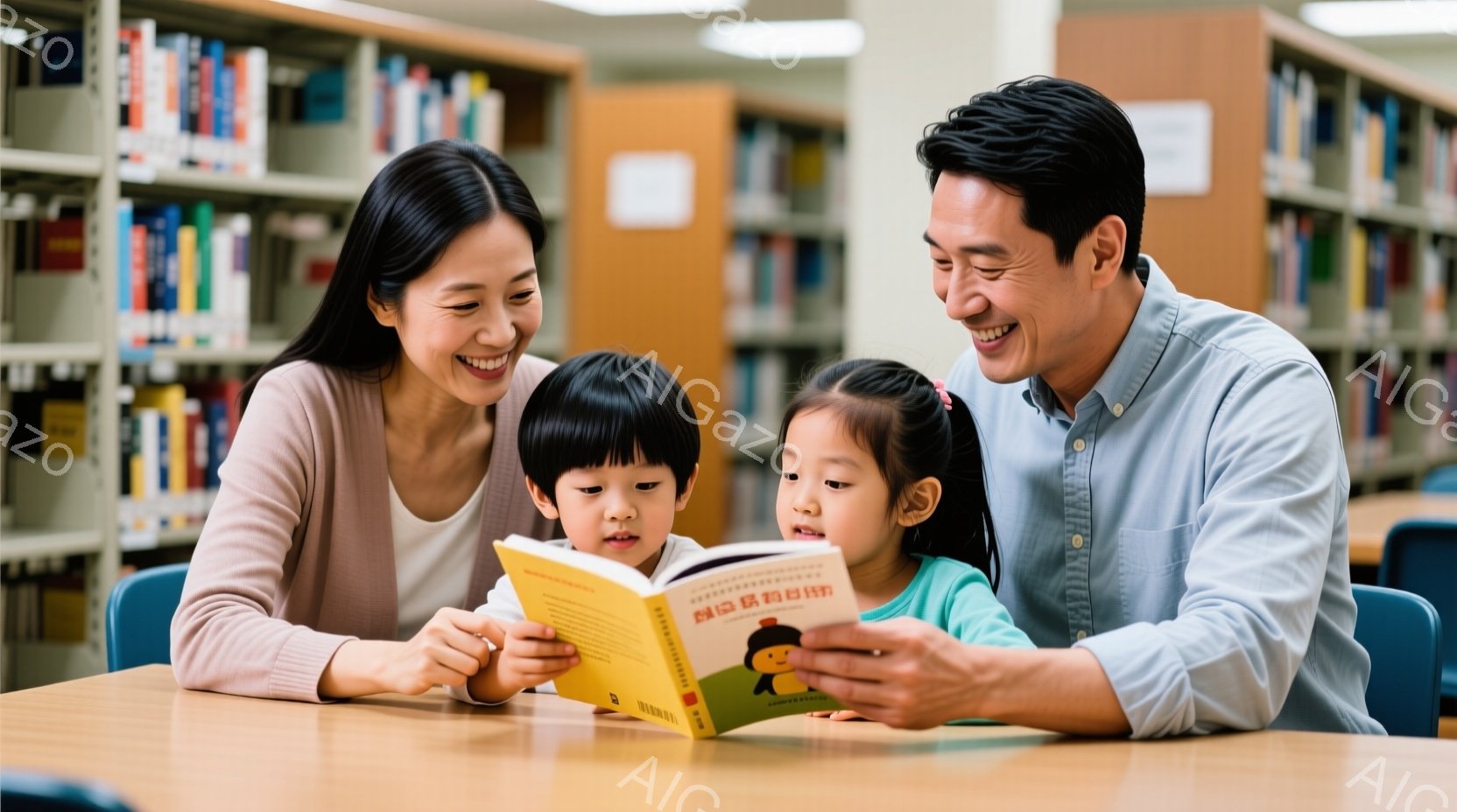 親子4人が書店で本を読む。母親はシンプルな服装、髪は長くウェイブ状。父親はカジュアルな上下で、微笑している。子供たちは集中して本に注目しており、その様子が親切と優しく、家族の対面が肥大。書店の建物が学校のように見える。