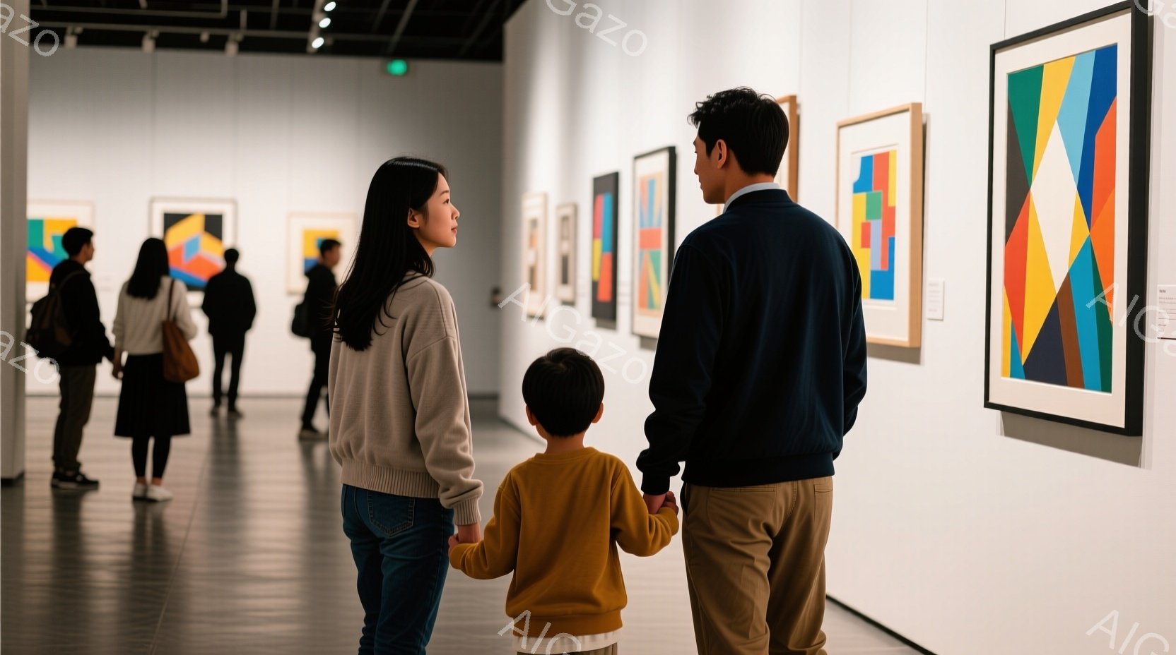 白い壁のギャラリーで、母親と息子が絵画を鑑賞している様子が写っている。母親は薄いグレーのセーターとジーンズ姿で、長くストレートな黒髪をしている。息子はオレンジ色のセーターとベージュ色のズボンを着用し、母親の手を握っている。