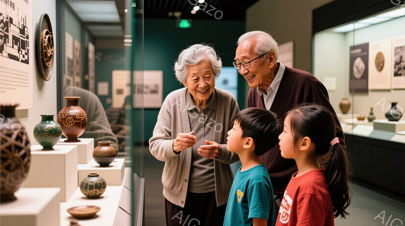 白髪の祖母と祖父が、博物館の展示ケースの前に立って、二人の子供たちに陶器について説明しています。祖母は薄いピンクのカーディガンを着ており、祖父は濃い色のジャケットを着ています。子供たちは、興味津々で陶器を見上げており、博物館内は薄暗く、落ち着いた雰囲気です。