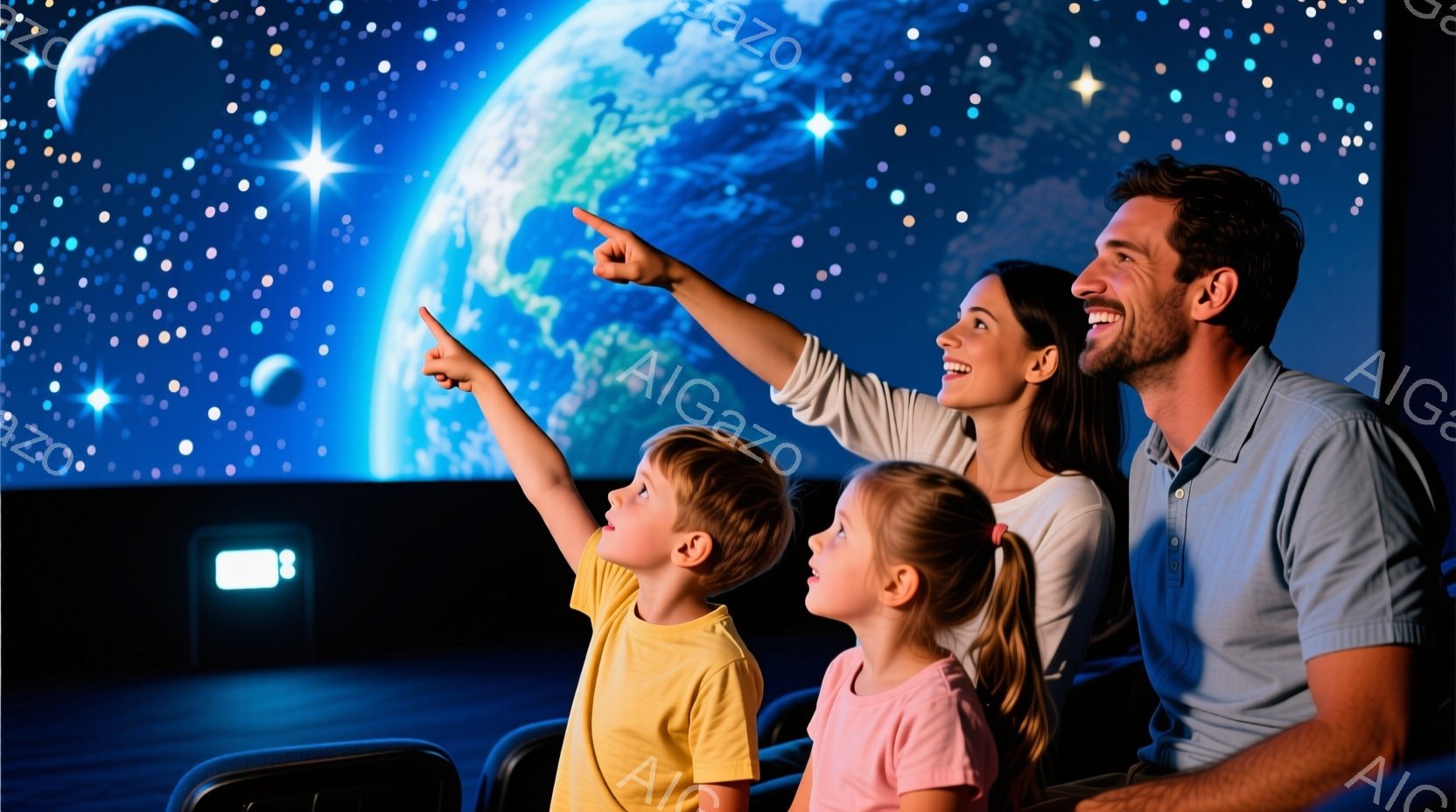 観覧車かプラネタリウムのような場所で、父親、母親、そして二人の子供が星空の映像を見上げています。父親は青いシャツを着ており、母親は髪を後ろで束ねて、ピンク色のシャツを着ています。子供たちはそれぞれ黄色とピンク色のシャツを着ており、皆が映像に夢中になっている様子で、笑顔を見せています。