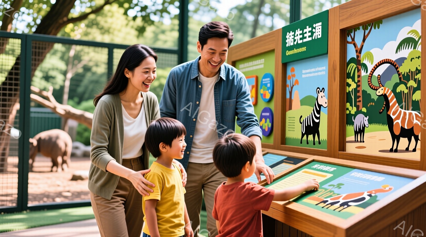 日本の動物園のような場所で、4人の家族が見物を楽しんでいるというスタイルの絵画である。中央には大きな展示板があり、それに向かって家族が集まっている。女性は赤い髪、男性は茶色の髪で、子どもたちも同じように細長い頭をしている。家族は嬉しそうで、特に中央の展示板に注目しているようだ。背景には様々な動物のイラストがあり、自然風光と暖かい気候を表すため、熱帯地域での見物の雰囲気を感じさせる。