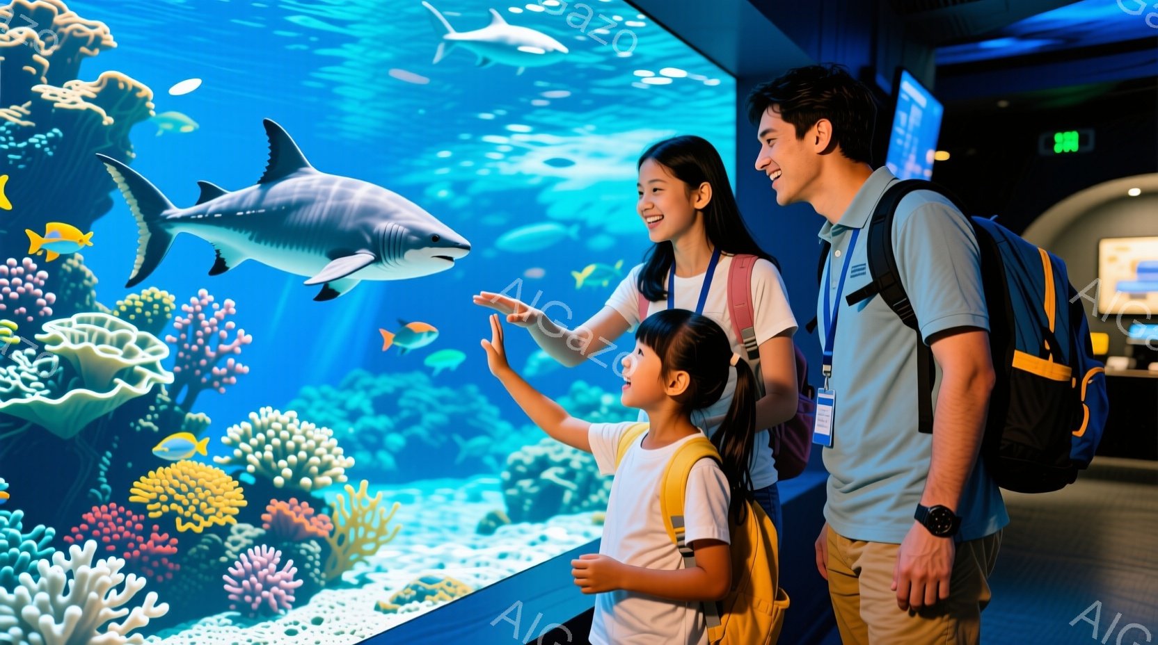 水族館の大きな水槽の前で、母親と娘が楽しそうにシャークを見ている様子が描かれています。母親は黒髪で笑顔を浮かべ、娘に指を差して何かを説明しているようです。娘は金髪で、片手を上げて興奮気味にシャークを見つめており、二人の背中にはリュックサックが見えます。