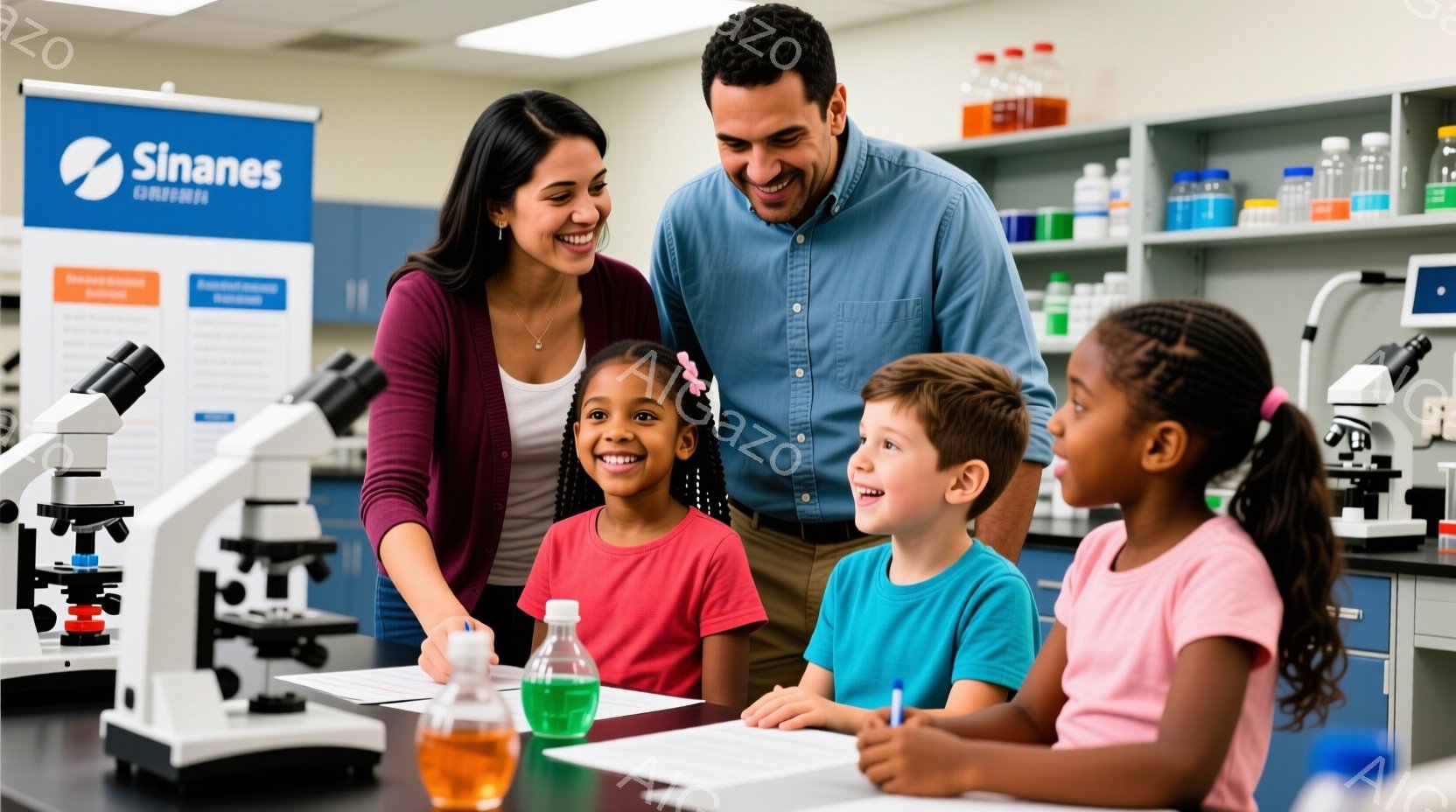 研究室で、一人の女性と三人の子供が顕微鏡の周りに集まっています。女性は紫色のカーディガンと白いシャツを着ており、笑顔で子供たちと話しています。子供たちは赤色と水色のシャツを着ており、興味津々な表情で実験の様子を観察しています。