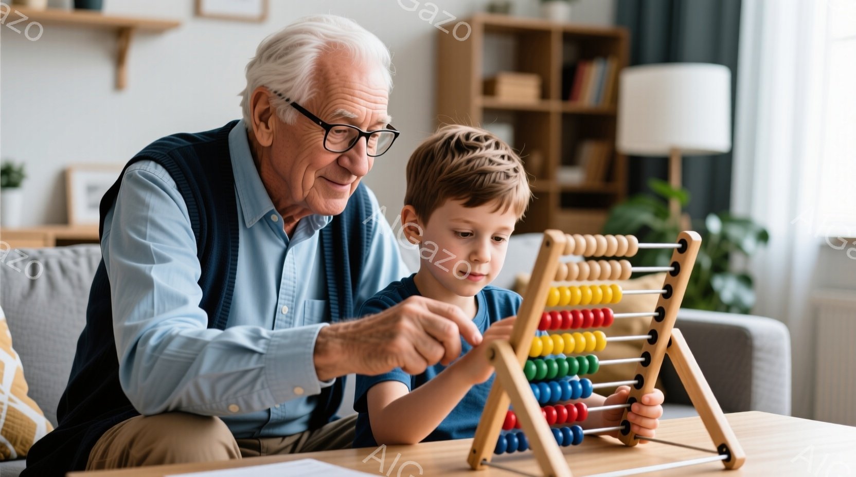白髪の老人が少年とテーブルを挟んで向かい合っています。老人は青いシャツにベストを着ており、少年は青いTシャツを着ています。二人はアバカス（算盤）を見ながら、少年がビーズを動かすのを老人が見守っています。