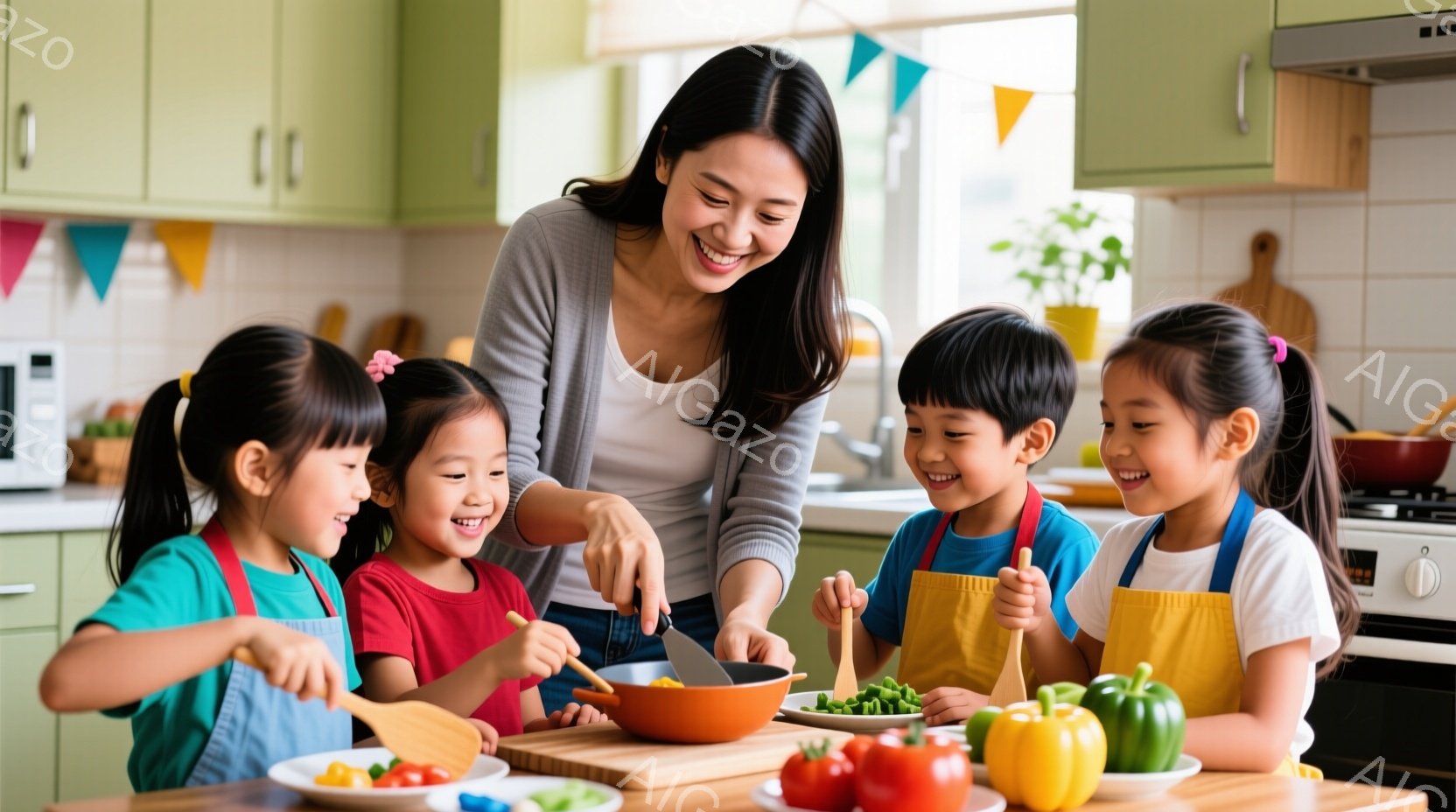 キッチンで、エプロンを着た幼い子供たちが、女性と一緒に料理を楽しんでいる様子が描かれています。子供たちは笑顔で木製のヘラを手に持ち、女性はフライパンの中身を混ぜています。背景には、明るい色のキッチンキャビネットやカラフルな装飾が映り込み、全体的に温かく幸せな雰囲気が漂っています。