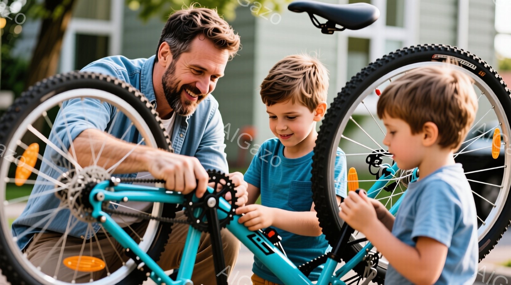 ターコイズブルーの自転車の修理に父親と息子が協力している様子が写っている。父親は茶髪で口ひげがあり、デニムシャツを着て、自転車のチェーン部分を調整している。息子は青いTシャツを着て、父親の隣で自転車のペダルを握りしめ、楽しそうに修理を見ている。
