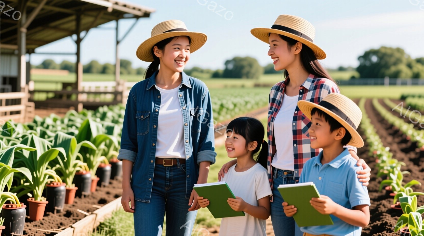 畑で、麦わら帽子をかぶった女性二名と子供二名が並んでいます。女性はデニムジャケットとチェックシャツを着ており、子供たちは白いTシャツを着ています。皆、笑顔で前を見据え、女性は子供たちの肩に腕を回しており、背景には整然と並んだ畑と明るい晴天が広がっています。