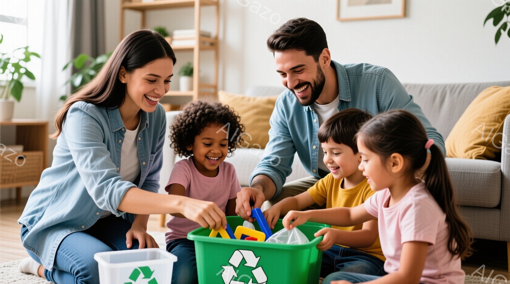 家族が仲良く集まった家の中で、リサイクルボックスを見つめる子供たちに彼女は手を伸ばして、興味を持って手を伸ばす。彼らは笑顔で喜んでいる。リサイクルボックスはおもちゃのように見え、子供たちは興味深く触れている。家族の中には、女性と男性がいます。彼らは暖かさのある家にいます。その後ろにはカーペットが伸びています。私たちの家で、リサイクルしようとする子供たちの素直な顔を見つめることで、彼女は子供たちにリサイクルを大切にすることを教えているように見えます。
