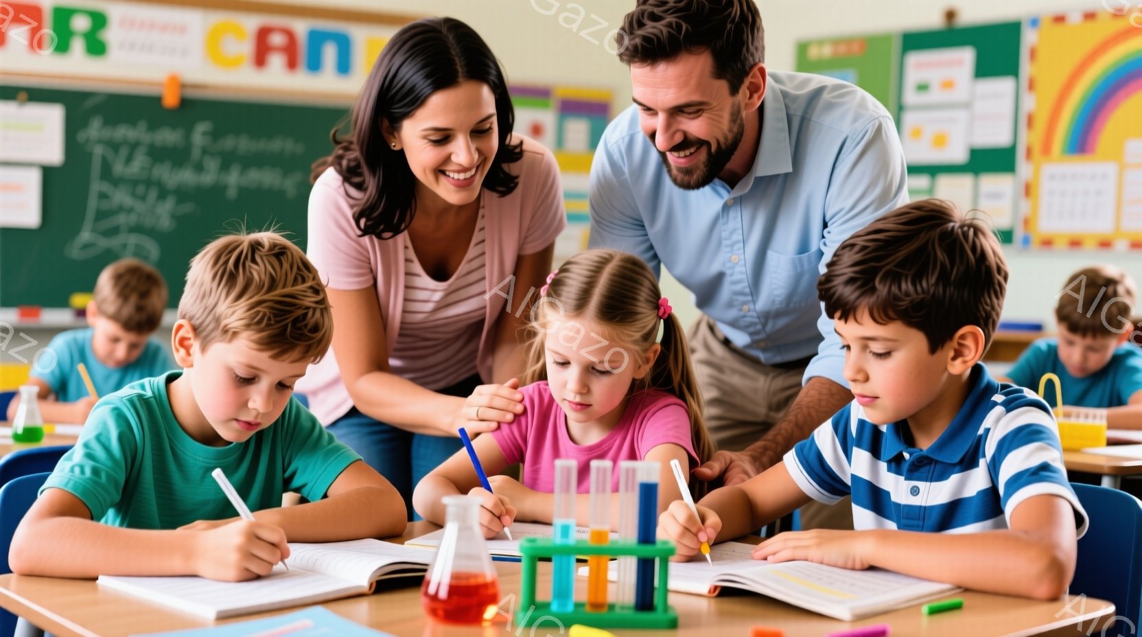 ３人の子供たちが実験をしている様子が写っています。子供たちは青、ピンク、水色のシャツを着ており、実験ノートに何かを書き込み、ビーカーや試験管を使って楽しそうに実験に取り組んでいます。背景には他の生徒やカラフルな壁があり、明るく活気のある教室の雰囲気が伝わってきます。