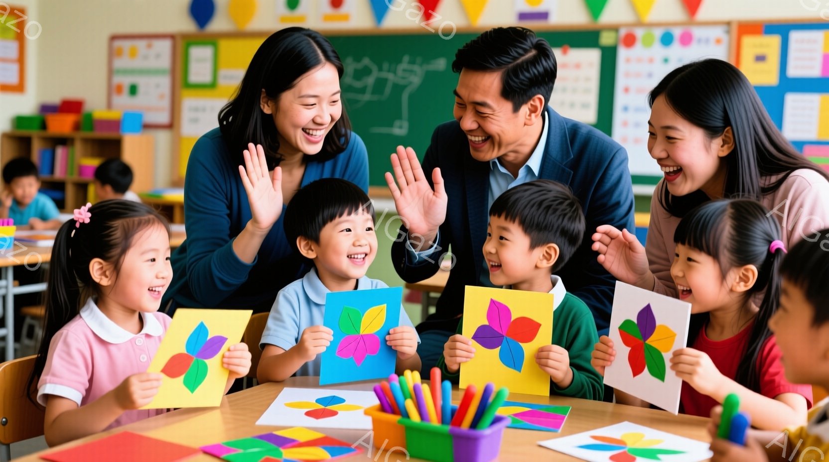 幼稚園か小学校の教室で、数人の子供たちがカラフルな紙で作った作品を手に、笑顔でそれを見せています。先生と思われる女性と男性もまた、子供たちの作品に喜び、手を叩いて祝福しています。背景には、子供たちの作品やカラフルな絵画が飾られ、明るく温かい雰囲気の教室です。