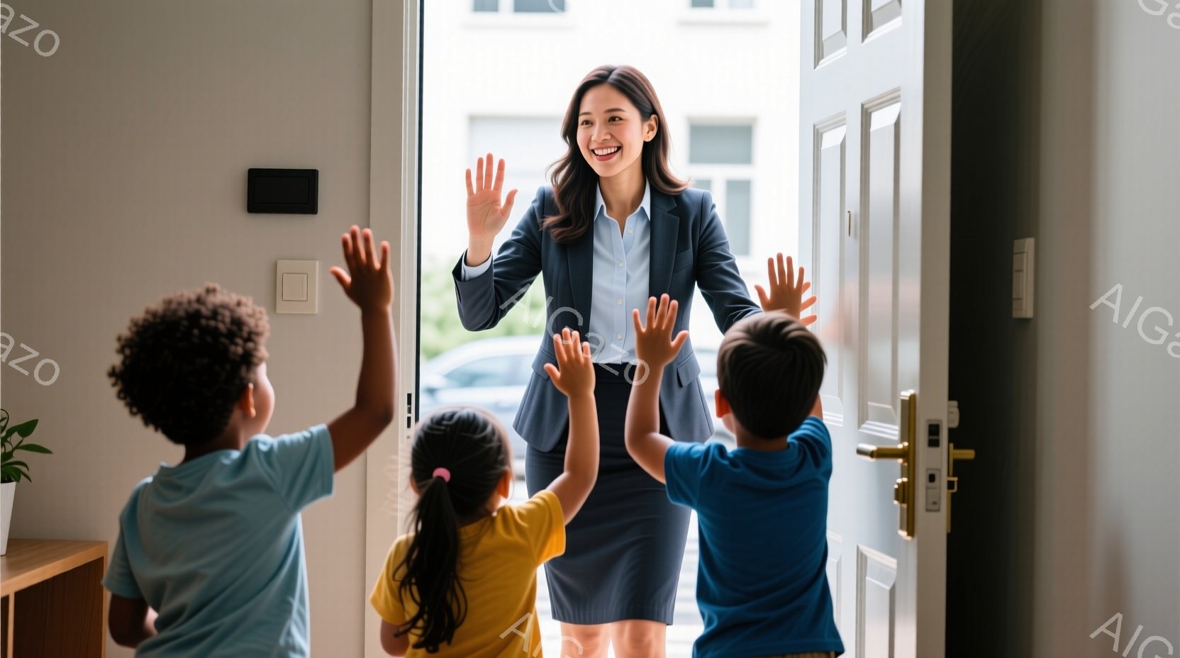 玄関のドアの前で、笑顔の女性が３人の子供たちを迎えています。女性は紺色のジャケットと白いブラウス、膝丈のスカートを着用し、髪は後ろでまとめています。子供たちは青色や黄色のシャツを着ており、両手を上げて女性に挨拶しています。
