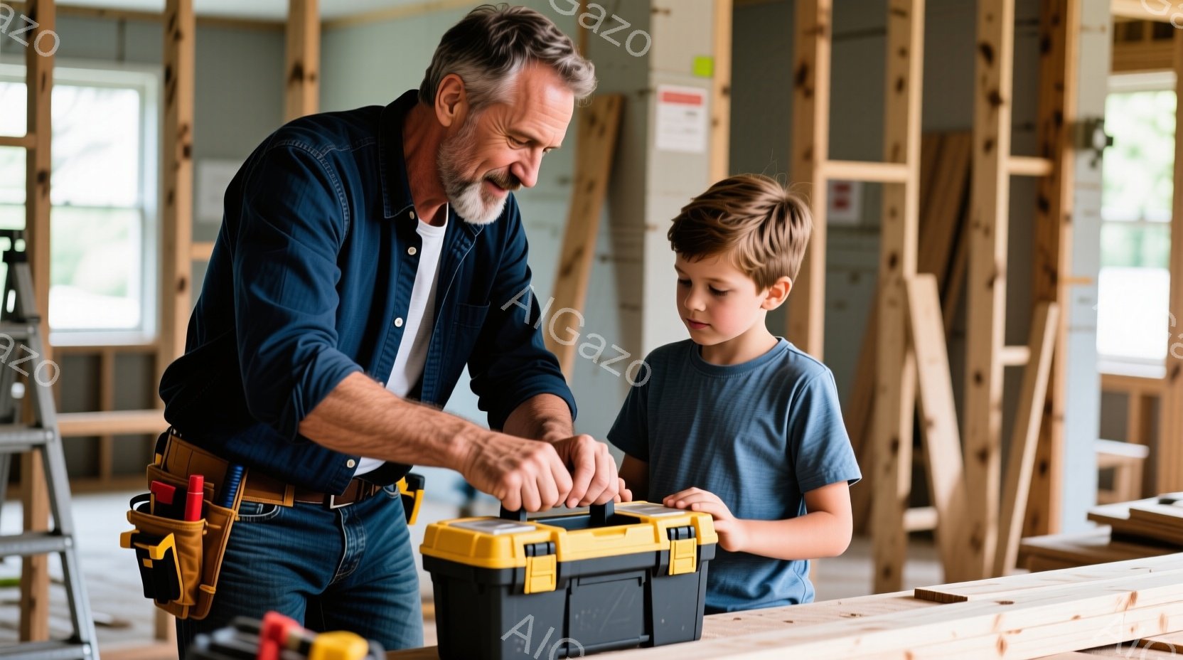建設現場で人々が活動するシーンを表しています。中央には男性があり、その横を少年が運んでいます。男性は手押し車の上に腰を曲げ、注意深く考えるような表情をしています。少年は手押し車を持ち、専心その使用方法を学びます。 両者は作業服と工事用品（ハンマー、リフレックスタブルなど）を身に着けており、注意深く作業を進めている様子が伝わってきます。