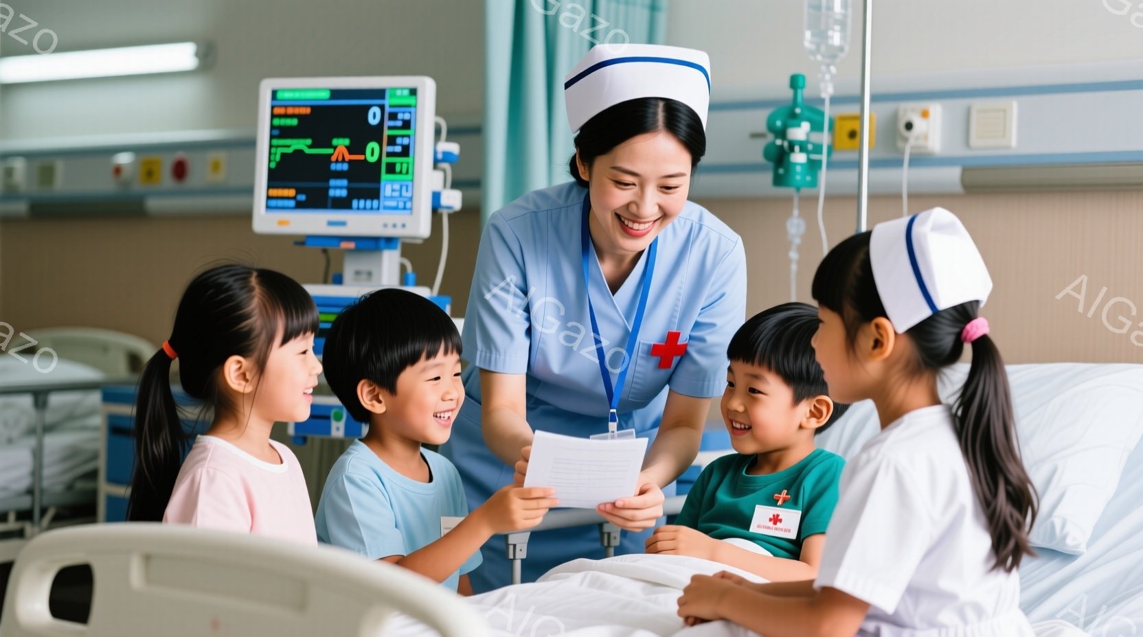 病院のベッドに座っている4人の子供たちと、彼らを見守る女性の看護師が写っています。子供たちは皆、明るい色のTシャツを着ており、笑顔で看護師が何かを見せています。背景には医療機器やモニターがあり、全体的に温かく安心感のある雰囲気が漂っています。